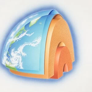 Cross-section diagram of quarter of the earths sphere illustrating subterranean layers of matter, side view