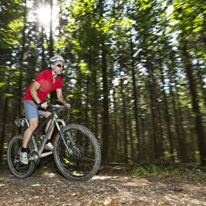 Cyclist on a mountainbike riding through a forest, Schurwald forest, Winterbach, Baden-Wurttemberg, Germany