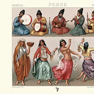 Dancing women and musicians, Traditional costumes of Persia, 19th Century
