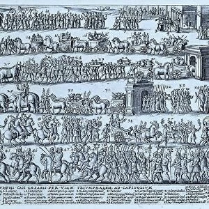 Depicted here is the procession during a Roman triumph. It shows the legions of cohorts at the end of the procession up to the Temple of Jupiter on Capitoline Hill, historical Rome, Italy, digital reproduction of a 17th century original
