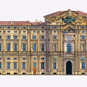 Digital illustration of Baroque facade of Guarinis Palazzo Carignano, 1679, Turin