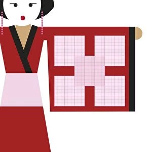 Digital illustration of Geisha with soduku grid on kimono sleeve