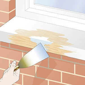 Digital illustration of hand holding trowel near wooden window sill treated with wood-hardening resin, sanded and filler
