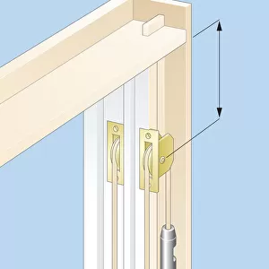 Digital illustration of pulley and cord on box frame of sash window