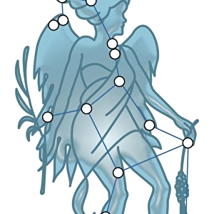 Digital illustration of Virgo constellation represented as winged virgin