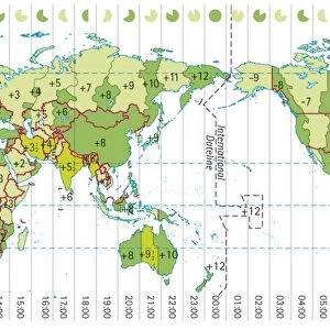 Digital illustration of world map showing time zones