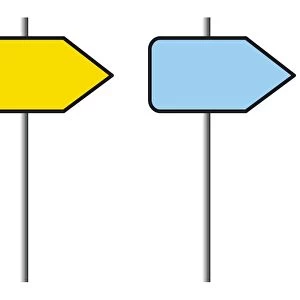 Digital illustration of yellow and blue direction signs