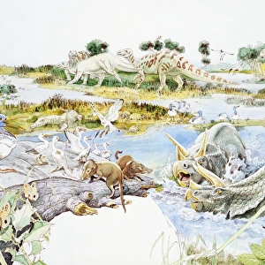 Dinosaurs and birds on swampy landscape