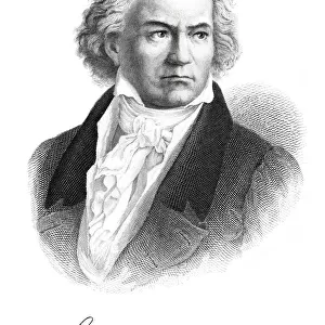 Engraving of composer Ludwig van Beethoven with signature from 1882