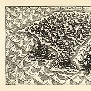 Engraving of Van Noort Sailing the Marianne Islands, 1600