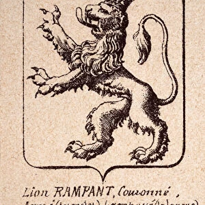 Escutcheon, or heraldic shield, feature the Lion Rampant wearing crown, Heraldry