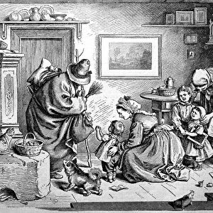 On the Eve of Christmas, Knecht Ruprecht Visits the Family and the Children, 1880, Germany, digitally restored reproduction of an original 19th-century print