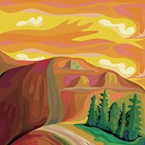 Expressionist Mountain Landscape with road in warm orange and browns