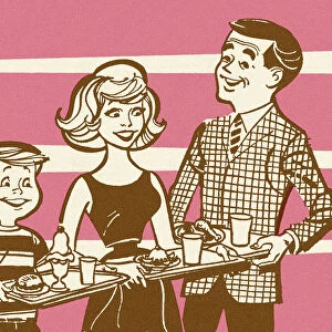 Family Holding Trays of Food