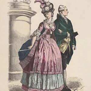 Fashion of nobility, Rococo era, hand-colored wood engraving, published c. 1880
