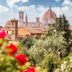 Florence, Tuscany, Italy. Flowers in foreground in springtime