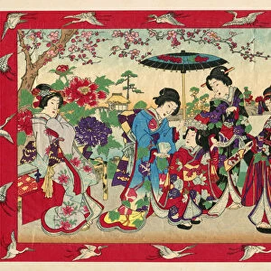 Geishas with princess and court ladies woodcut 1880