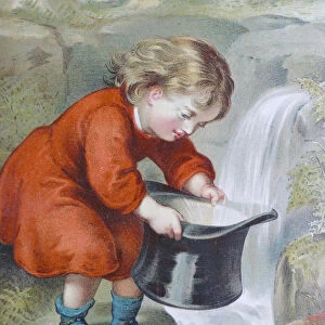 Girl outdoor at waterfall is filling a hat with water