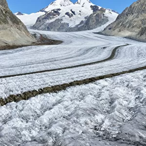 Great Aletsch Glacier, the mountains Eiger, Monch and Jungfrau at the back, Canton of Valais, Goms, Switzerland