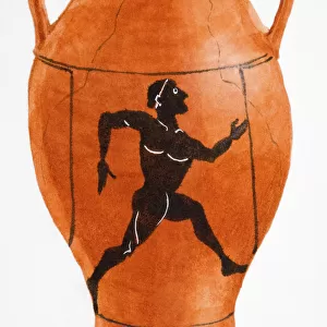 Greek black figure pot with illustration of a running man