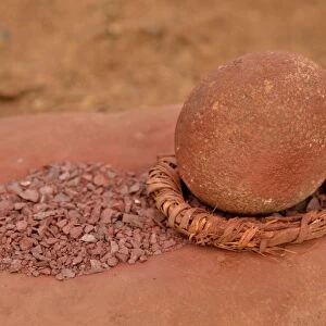 Grinding tool and red iron rocks ??used for the traditional skin cream of the Himba, Omuramba, Kaokoland, Kunene, Namibia