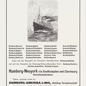 Hamburg America Line, Historical advertisement plakat, wood engraving, published 1900