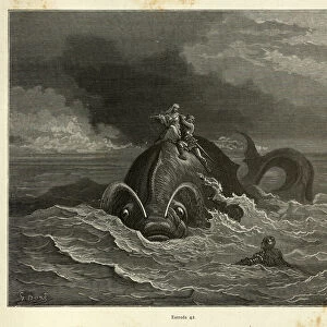 Heroes riding of back of Sea monster, or whale