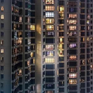 high density of residential blocks in Hong Kong at night