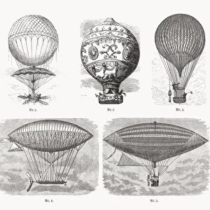 Historical balloons and airships, wood engravings, published in 1893