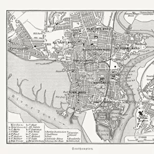 Historical city map of Southampton, Hampshire, England, woodcut, published 1897