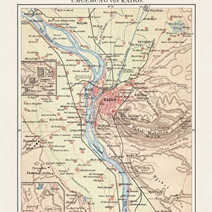 Historical map of Cairo and surroundings, Egypt, lithograph, published 1897