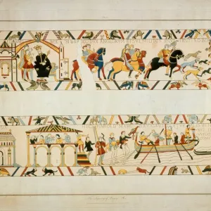 Tappeto di Bayeux - Harold Godwinson confida con il re Edoardo Confessore prima di partire da Bosham, 1064. Tappeto di Bayeux - Harold Godwinson confida con il re Edoardo Confessore prima di partire da Bosham, 1064.