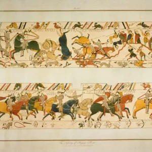 Escena de la Tapicería de Bayeux - El hermanastro medio del Conquistador Guillermo, el obispo Odo de Bayeux anima a sus escuderos. Escena de la Tapicería de Bayeux - El hermanastro medio del Conquistador Guillermo, el obispo Odo de Bayeux anima a sus escuderos.