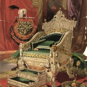Royal Throne 1851 Print: An ivory throne with intricately carved details