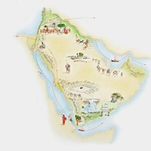 Illustrated map of ancient Arab trade routes and pilgrimage sites