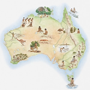 Illustrated map of Australia showing wildlife and Aborigine population