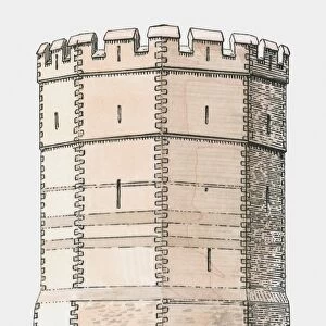 Illustration of 14th century fortified round tower or salient