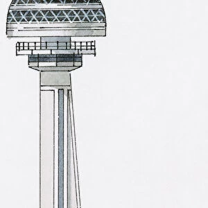 Illustration of Ankaras Atakule Tower with revolving restaurant on top