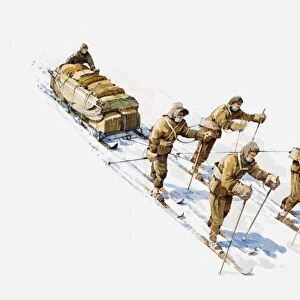 Illustration of Antarctic explorers on skis pulling sledge