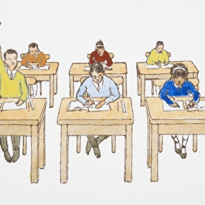 Illustration of boy sitting at desk with arm raised in classroom of students