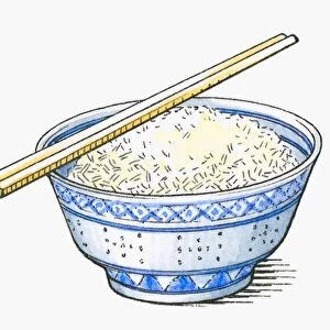 Illustration of chopsticks on top of bowl of rice