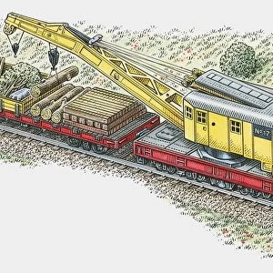 Illustration of crane lifting logs from cargo train