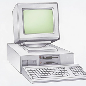 Illustration, desktop computer, screen on top of hard drive, keyboard