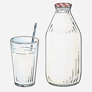Illustration of drinking straw in glass of milk next to bottle of milk