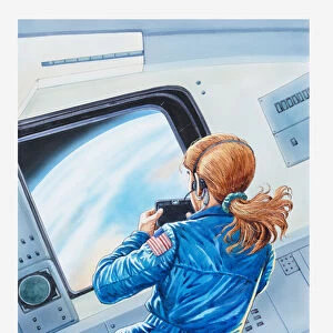 Illustration of female astronaut recording pictures of Planet Earth from window of space craft