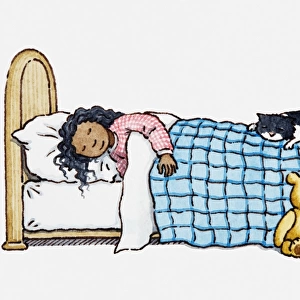 Illustration of girl and a cat sleeping in bed and teddy sitting by side of bed