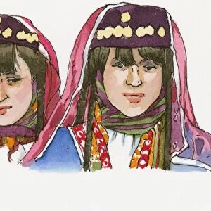 Illustration of two girls wearing traditional Anatolian Ottoman clothes