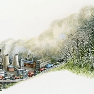 Illustration of industrial pollution spreading from city to trees above