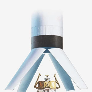 Illustration of lunar module attached to command module, bottom of rocket opened