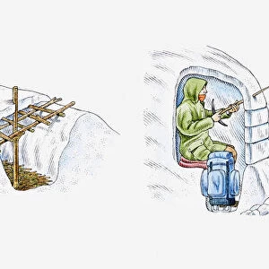 Illustration of man construction snow trench